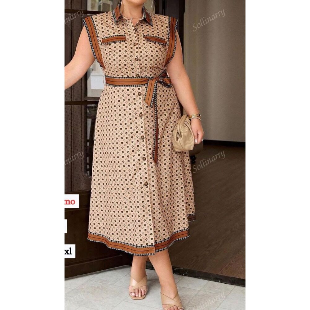 Sleeveless Beige Midi Shirt Dress with Belt